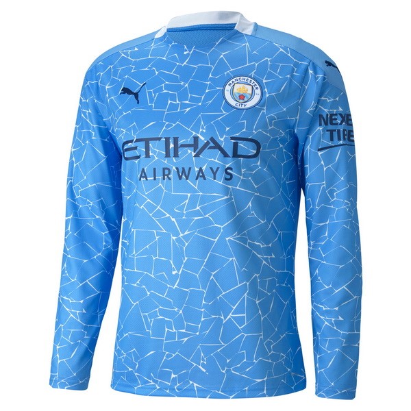 Camiseta Manchester City Replica Primera Ropa ML 2020/21 Azul